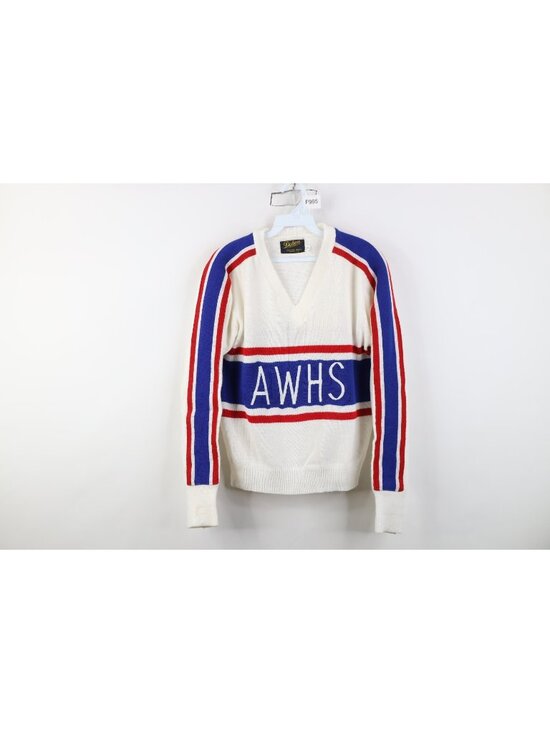 Vintage Sweaters - Vintage 70s Womens Large Striped Color Block Varsity Cheerleader Sweater USA